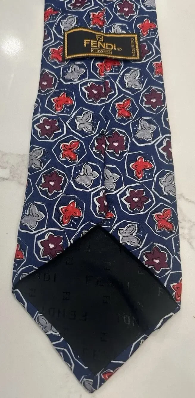 FENDI Italian Men’s Tie 3.5” Silk Navy Floral Geometric Hand Sewn Designer